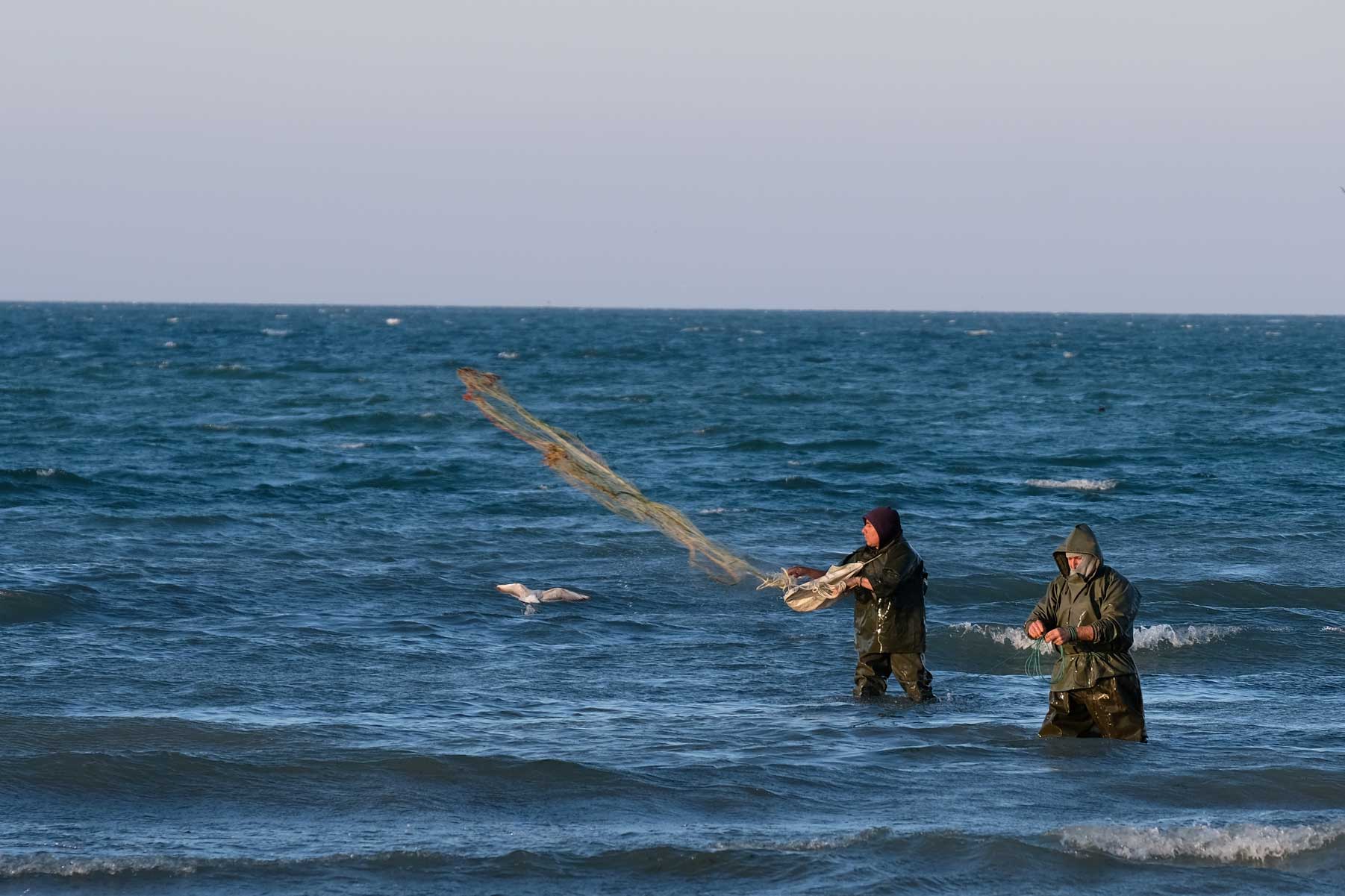 Zwei Fischer werfen im Meer stehend ein Netz aus