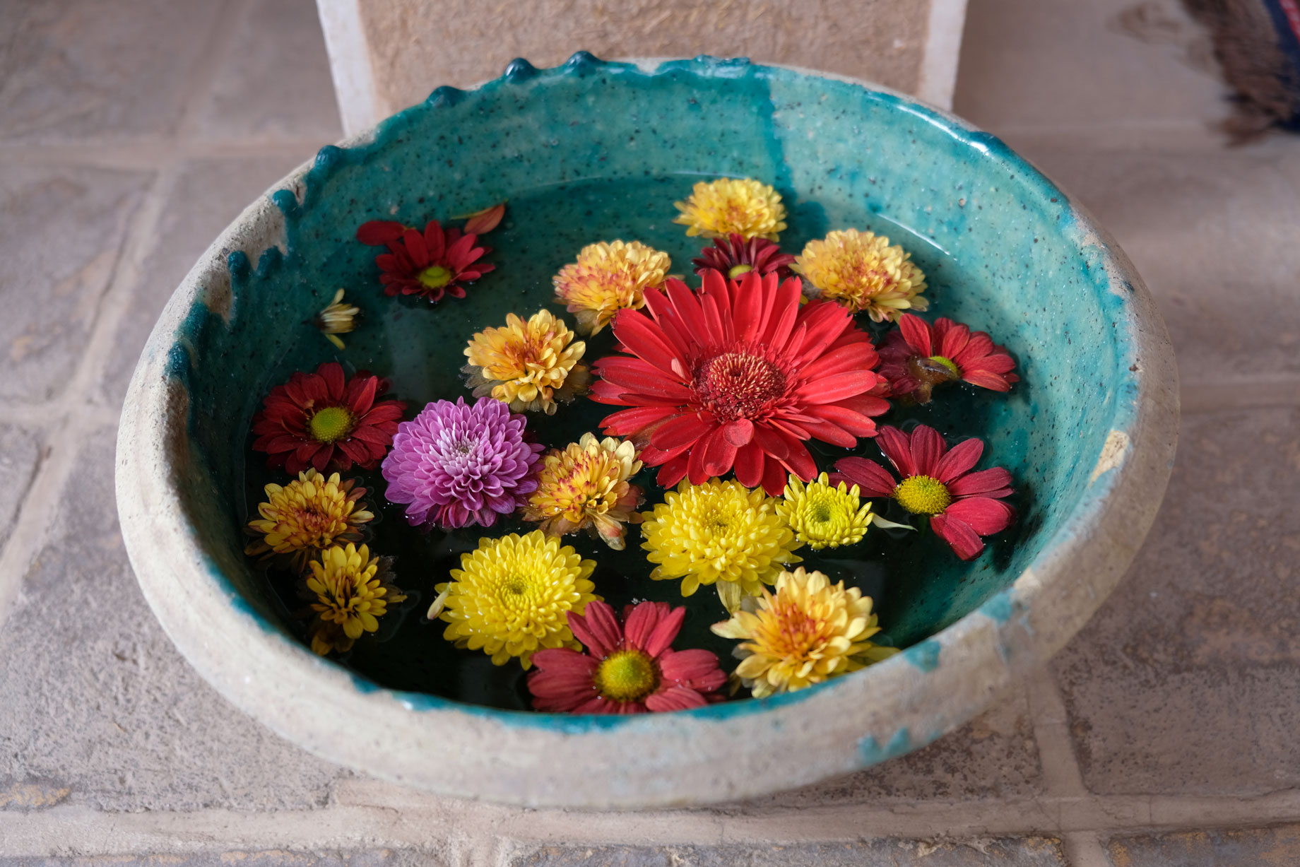 Blumen schwimmen im Wasser eines runden Behälters