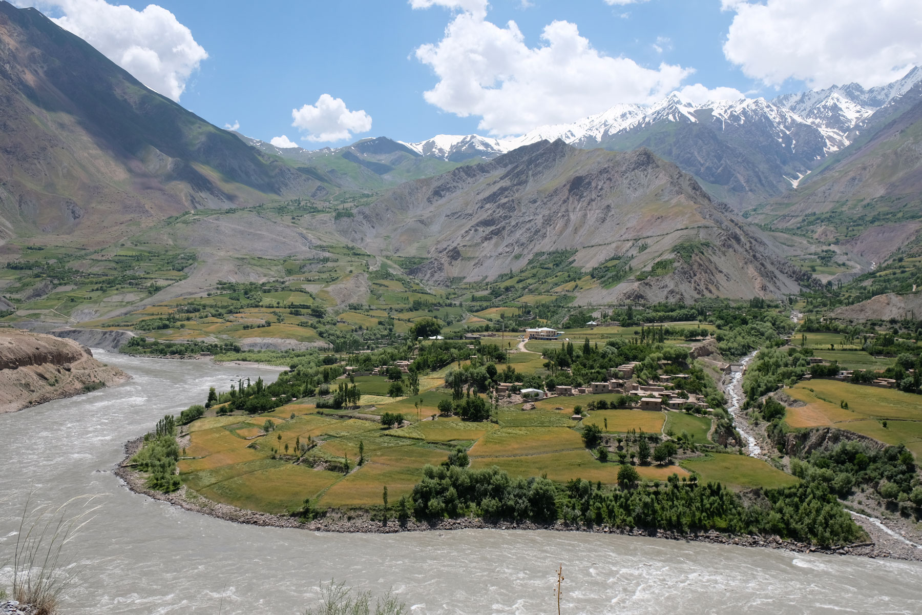 Der Fluss Panj und ein afghanisches Dorf.