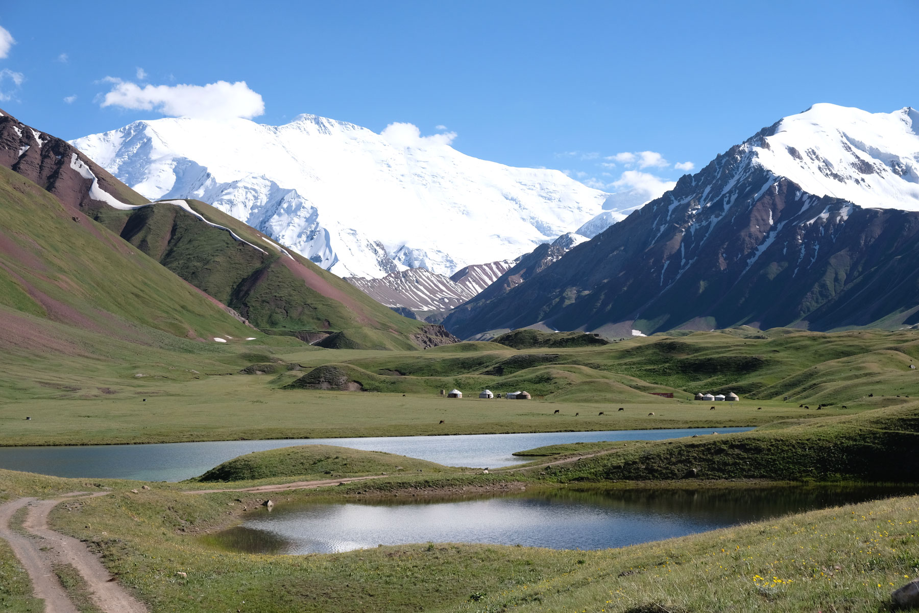 Berglandschaft mit Seen und einem Jurtencamp vor dem Peak Lenin.