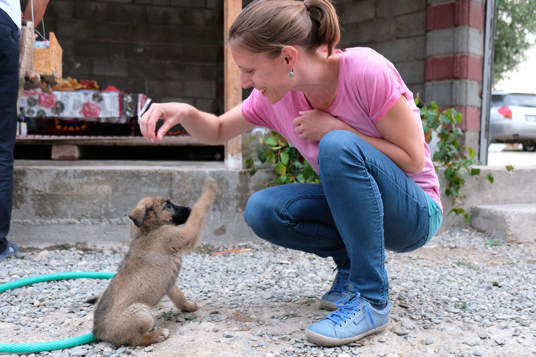 Leo mit einem Hundewelpen.