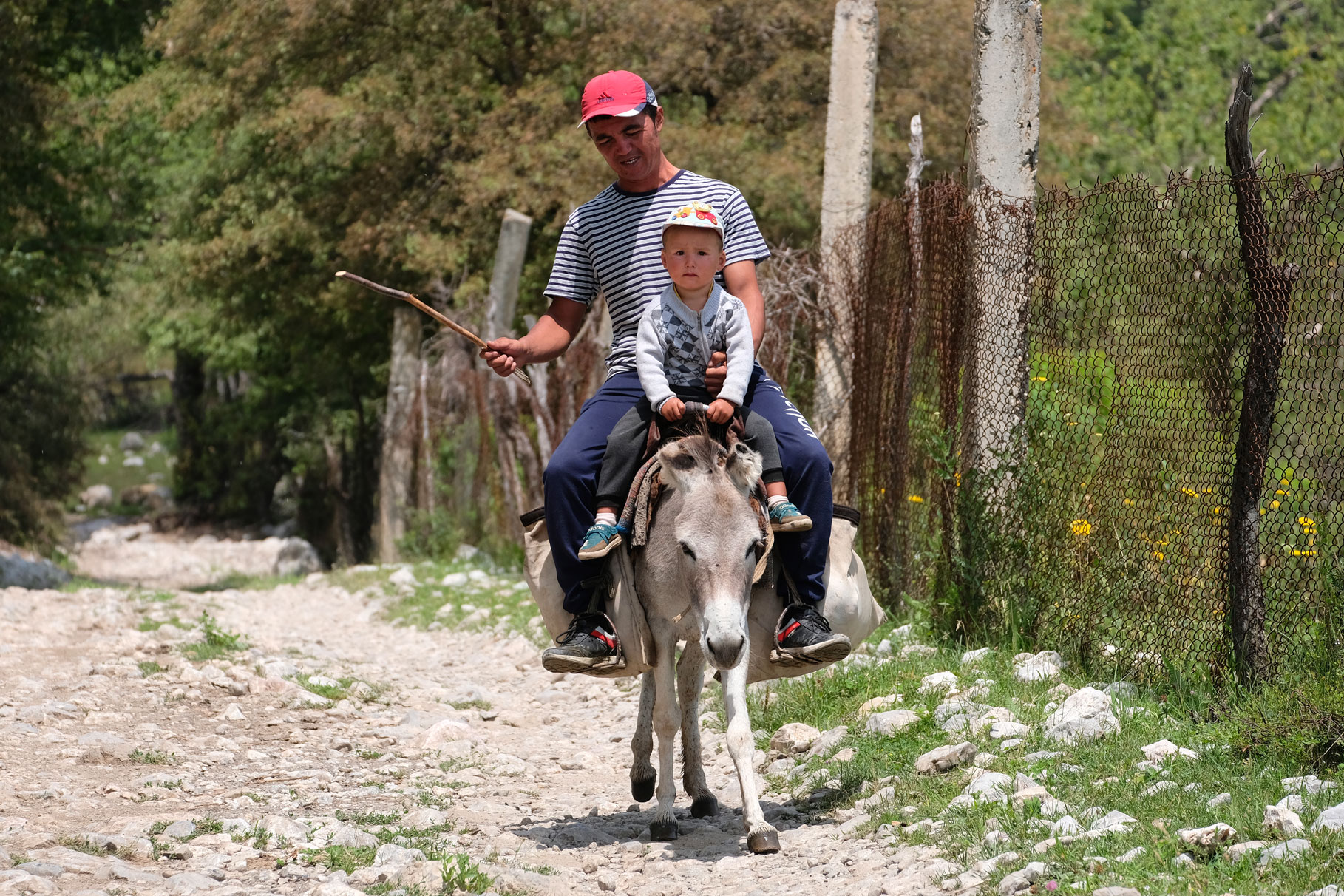 Ein Mann und ein Junge reiten auf einem Esel.
