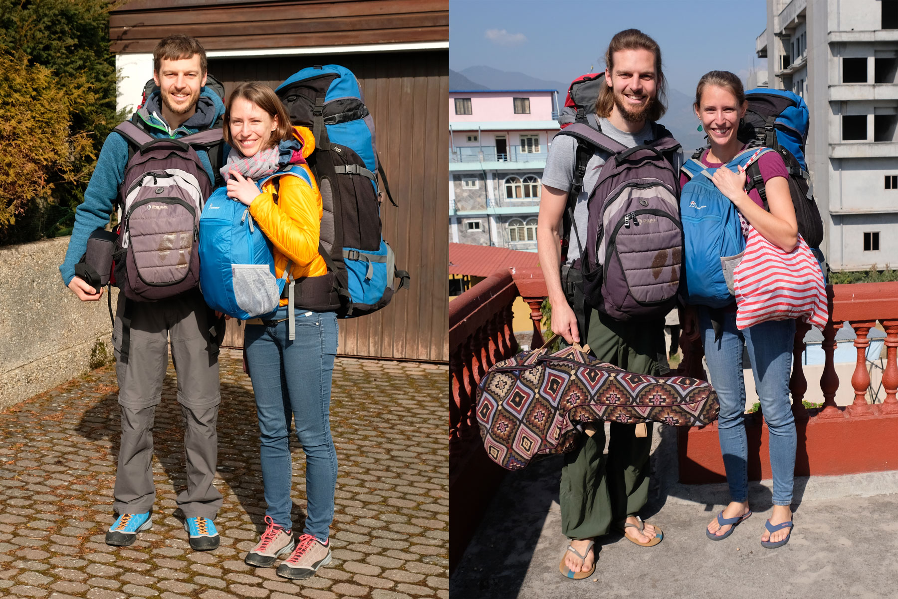 Sebastian und Leo mit Gepäck auf zwei Fotos, die am Abreisetag und ein Jahr danach aufgenommen wurden.