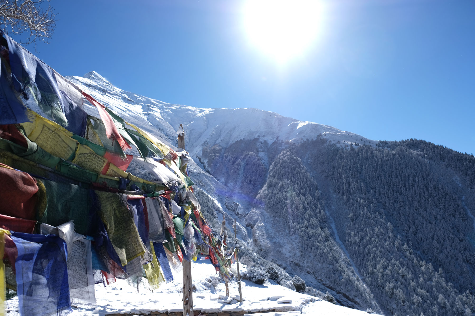 Buddhistische Gebetsfahnen auf dem Annapurna Circuit.