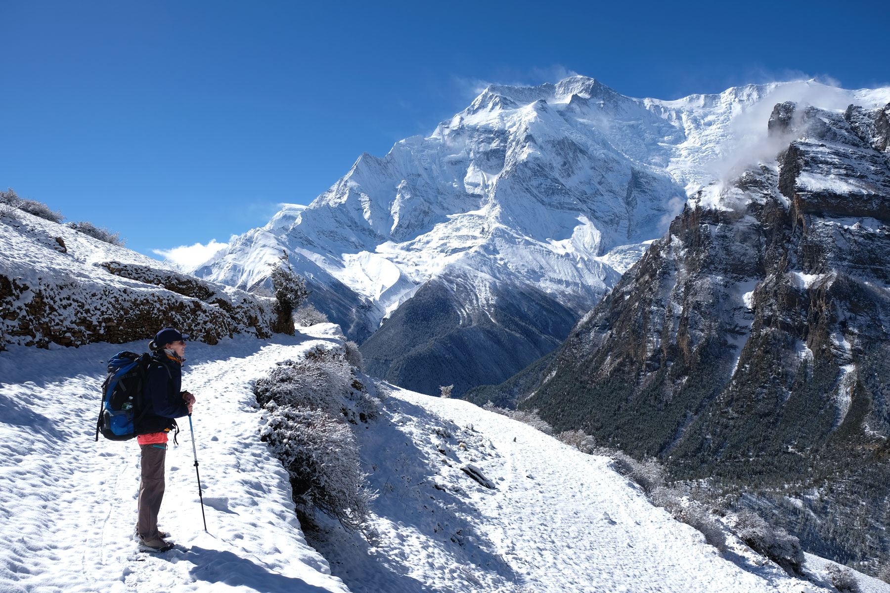 Leo auf einem verschneiten Wanderweg in den Bergen des Annapurnagebirges.