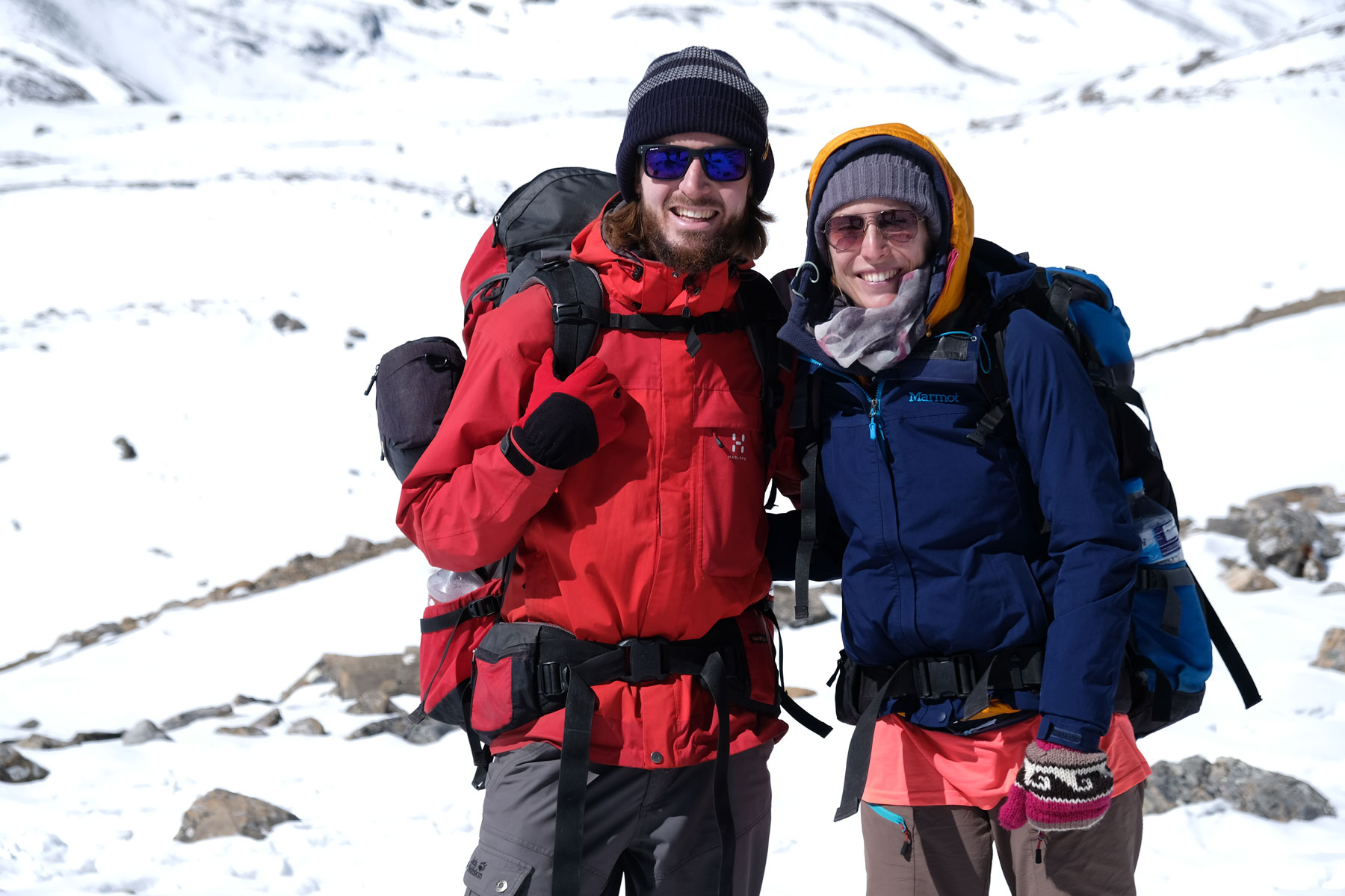 Sebastian und Leo mit Winterklamotten auf dem Annapurna Circuit.