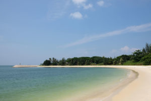 Ein Sandstrand an blau-grünem Wasser