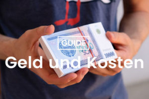 Zwei Hände halten einen Bündel Geldscheine. Guide zu Geld und Kosten.