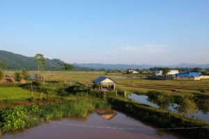 Eine Hütte und Felder bei Luang Namtha.