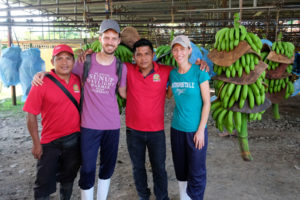 Leo und Sebastian mit zwei Arbeitern in einer Bananenkooperative.