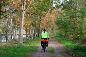 In Norddeutschland fährt Sebastian mit dem Fahrrad durch den Wald.