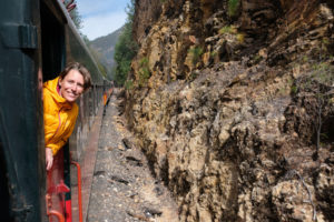 Leo schaut aus dem fahrenden Zug Chepe im Norden Mexikos.